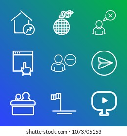 Premium outline set of icons containing click, user, house, blue, increase, real, media, connection, flame, burn, bomb. Simple, modern flat vector illustration for mobile app, website or desktop app