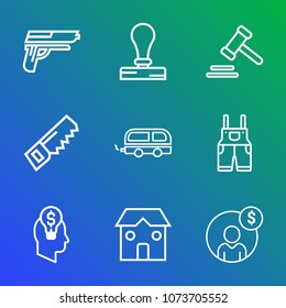 Premium outline set of icons containing idea, caliber, bus, transportation, vehicle, envelope, weapon, hammer, judge. Simple, modern flat vector illustration for mobile app, website or desktop app