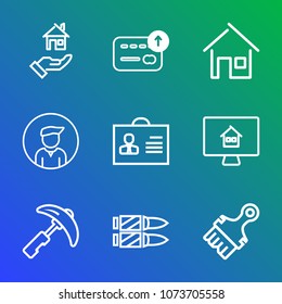 Premium outline set of icons containing bullet, industry, bank, girl, equipment, person, crane, cash, sale, military, . Simple, modern flat vector illustration for mobile app, website or desktop app