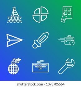Premium outline set of icons containing email, explosion, sword, fire, message, mobile, modern, boat, ocean, repair, pie. Simple, modern flat vector illustration for mobile app, website or desktop app