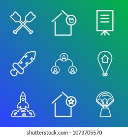 Premium outline set of icons containing river, landlord, sport, rocket, paddle, travel, owner, water, map, conference. Simple, modern flat vector illustration for mobile app, website or desktop app