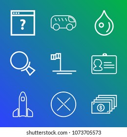 Premium outline set of icons containing id, blue, transportation, finance, business, traffic, abstract, currency, cash. Simple, modern flat vector illustration for mobile app, website or desktop app