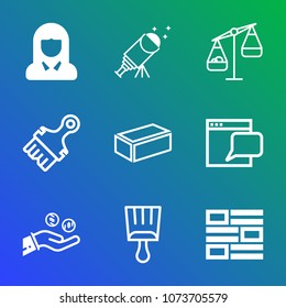 Premium outline set of icons containing portrait, weight, newspaper, star, material, scale, business, communication, web. Simple, modern flat vector illustration for mobile app, website or desktop app