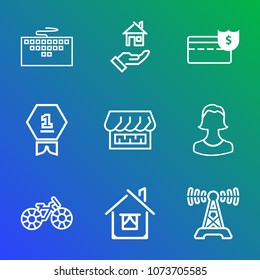 Premium outline set of icons containing home, building, cash, profile, bike, wheel, laptop, human, cycle, communication. Simple, modern flat vector illustration for mobile app, website or desktop app