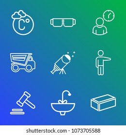 Premium outline set of icons containing business, fahrenheit, dumper, showing, sky, dump, clock, brick, white, building. Simple, modern flat vector illustration for mobile app, website or desktop app