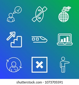 Premium outline set of icons containing online, up, danger, railway, downstairs, transport, screen, explosion, website. Simple, modern flat vector illustration for mobile app, website or desktop app