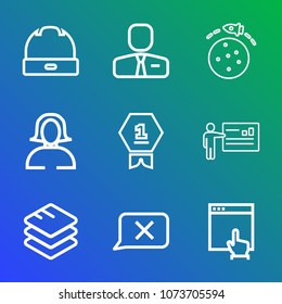 Premium outline set of icons containing style, closed, place, work, achievement, employer, employment, presentation, hat. Simple, modern flat vector illustration for mobile app, website or desktop app