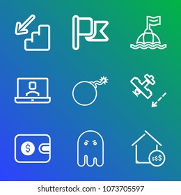Premium outline set of icons containing real, halloween, flight, fear, downstairs, plane, airplane, upstairs, down, buoy. Simple, modern flat vector illustration for mobile app, website or desktop app