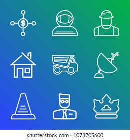Premium outline set of icons containing satellite, up, cosmonaut, space, antenna, concept, dish, tipper, person, money. Simple, modern flat vector illustration for mobile app, website or desktop app