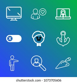 Premium outline set of icons containing equipment, off, website, hand, deactivate, waiter, construction, profile, switch. Simple, modern flat vector illustration for mobile app, website or desktop app