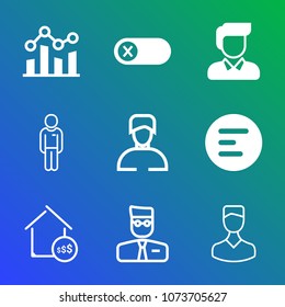 Premium outline set of icons containing user, estate, interface, profile, application, app, graph, people, real, power. Simple, modern flat vector illustration for mobile app, website or desktop app