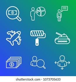 Premium outline set of icons containing presentation, concept, roller, web, business, tool, meeting, road, internet, war. Simple, modern flat vector illustration for mobile app, website or desktop app