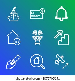 Premium outline set of icons containing aircraft, business, bell, seamark, market, , search, airplane, sign, sea, plane. Simple, modern flat vector illustration for mobile app, website or desktop app