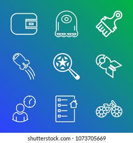 Premium outline set of icons containing contract, cute, real, estate, ship, purse, rocket, magnifying, space, bomb, time. Simple, modern flat vector illustration for mobile app, website or desktop app