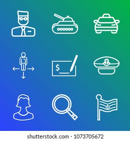 Premium outline set of icons containing america, flag, traffic, battle, internet, sailor, check, war, human, cab, cap. Simple, modern flat vector illustration for mobile app, website or desktop app