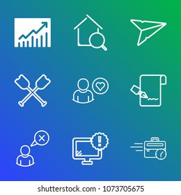 Premium outline set of icons containing computer, sea, sitting, estate, up, home, property, sport, graph, graphic, email. Simple, modern flat vector illustration for mobile app, website or desktop app