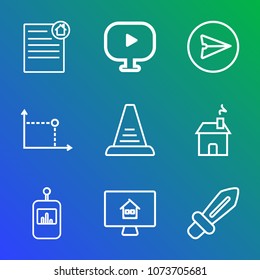 Premium outline set of icons containing web, sign, investment, ladder, control, home, button, tv, document, circle, step. Simple, modern flat vector illustration for mobile app, website or desktop app