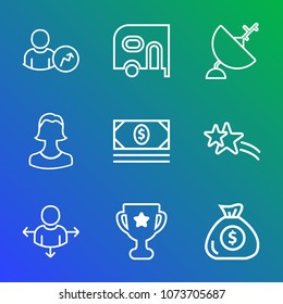 Premium outline set of icons containing achievement, technology, cargo, antenna, wireless, car, finance, chart, bank. Simple, modern flat vector illustration for mobile app, website or desktop app