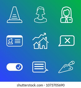 Premium outline set of icons containing identity, shovel, employer, increase, closed, sign, employee, , security, white. Simple, modern flat vector illustration for mobile app, website or desktop app