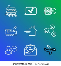 Premium outline set of icons containing property, vessel, technology, ship, horizontal, talk, message, shot, post, gun. Simple, modern flat vector illustration for mobile app, website or desktop app