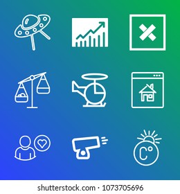 Premium outline set of icons containing measurement, property, thermometer, house, success, spaceship, trend, progress. Simple, modern flat vector illustration for mobile app, website or desktop app