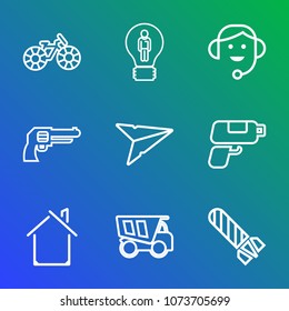 Premium outline set of icons containing explosion, travel, gun, idea, danger, innovation, wheel, creative, power, send. Simple, modern flat vector illustration for mobile app, website or desktop app