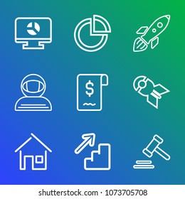Premium outline set of icons containing space, graphic, sign, exploration, pie, technology, nuclear, war, law, chart, up. Simple, modern flat vector illustration for mobile app, website or desktop app