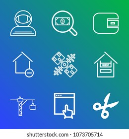 Premium outline set of icons containing pay, customer, property, hammer, wallet, house, mouse, science, apartment, tool. Simple, modern flat vector illustration for mobile app, website or desktop app