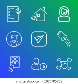 Premium outline set of icons containing job, house, human, male, customer, service, space, employee, work, man, craft. Simple, modern flat vector illustration for mobile app, website or desktop app