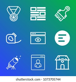 Premium outline set of icons containing achievement, brush, button, reward, grunge, astronomy, tape, element, browser. Simple, modern flat vector illustration for mobile app, website or desktop app