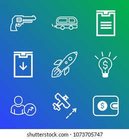 Premium outline set of icons containing view, bus, flight, money, package, weapon, shuttle, box, purse, delivery, launch. Simple, modern flat vector illustration for mobile app, website or desktop app