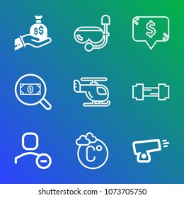 Premium outline set of icons containing scale, fahrenheit, wealth, fitness, sack, finance, business, bag, concept, beach. Simple, modern flat vector illustration for mobile app, website or desktop app