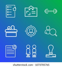 Premium outline set of icons containing girl, fitness, document, stationery, public, marketing, conference, computer, id. Simple, modern flat vector illustration for mobile app, website or desktop app