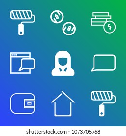 Premium outline set of icons containing wall, banking, tool, woman, painter, repair, house, speech, brush, work, girl. Simple, modern flat vector illustration for mobile app, website or desktop app