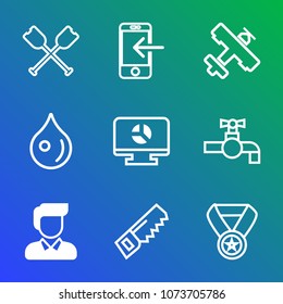 Premium outline set of icons containing reward, faucet, business, rain, chart, travel, award, river, flight, prize, tap. Simple, modern flat vector illustration for mobile app, website or desktop app