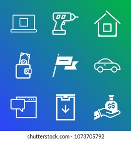 Premium outline set of icons containing money, web, building, nation, real, house, electric, bubble, profile, speech. Simple, modern flat vector illustration for mobile app, website or desktop app