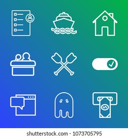 Premium outline set of icons containing vessel, sea, bank, machine, boat, oar, real, job, interview, property, speaker, . Simple, modern flat vector illustration for mobile app, website or desktop app