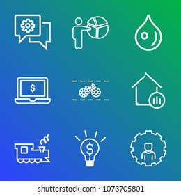 Premium outline set of icons containing laptop, nature, online, bike, businessman, cycle, travel, liquid, transport, web. Simple, modern flat vector illustration for mobile app, website or desktop app
