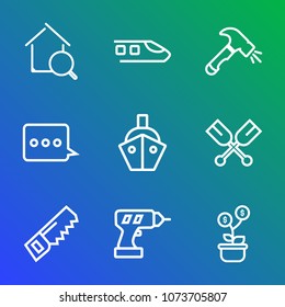Premium outline set of icons containing investment, real, screwdriver, boat, rail, house, travel, internet, shovel, ship. Simple, modern flat vector illustration for mobile app, website or desktop app