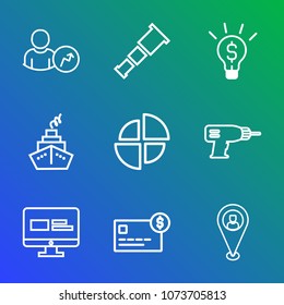 Premium outline set of icons containing bank, report, balance, creativity, power, money, business, telescope, space, map. Simple, modern flat vector illustration for mobile app, website or desktop app