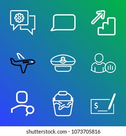 Premium outline set of icons containing talk, upstairs, airplane, computer, web, chat, clean, profile, internet, travel. Simple, modern flat vector illustration for mobile app, website or desktop app