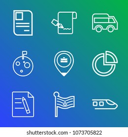 Premium outline set of icons containing move, planet, flag, direction, transport, moon, paper, identity, document, white. Simple, modern flat vector illustration for mobile app, website or desktop app