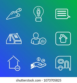 Premium outline set of icons containing house, roof, building, finance, van, car, window, transport, success, apartment. Simple, modern flat vector illustration for mobile app, website or desktop app
