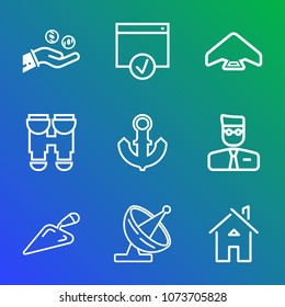Premium outline set of icons containing sea, parachuting, technology, banking, house, jump, currency, vision, air, bank. Simple, modern flat vector illustration for mobile app, website or desktop app