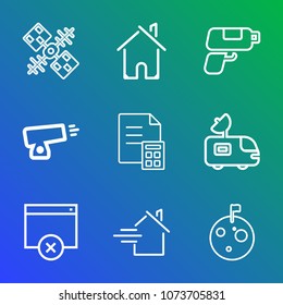 Premium outline set of icons containing element, money, game, real, finance, architecture, tv, rent, business, banking. Simple, modern flat vector illustration for mobile app, website or desktop app