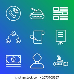 Premium outline set of icons containing contact, armor, telephone, paper, pen, ocean, weapon, internet, marine, business. Simple, modern flat vector illustration for mobile app, website or desktop app
