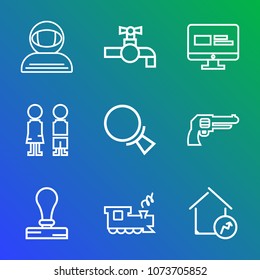 Premium outline set of icons containing people, space, boy, weapon, search, increase, train, faucet, spaceman, standing. Simple, modern flat vector illustration for mobile app, website or desktop app