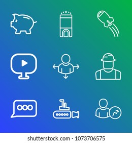 Premium outline set of icons containing road, economy, piggy, undersea, technology, banking, spaceship, room, marine. Simple, modern flat vector illustration for mobile app, website or desktop app