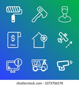 Premium outline set of icons containing computer, house, monitor, gun, tipper, social, war, travel, aircraft, business. Simple, modern flat vector illustration for mobile app, website or desktop app
