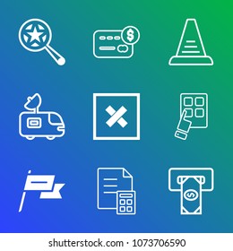 Premium outline set of icons containing closed, television, up, bank, ladder, patriotism, credit, modern, banking, stair. Simple, modern flat vector illustration for mobile app, website or desktop app